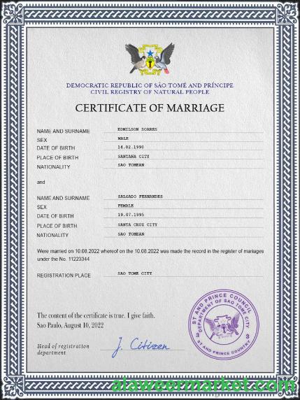 Sao Tome and Principe marriage certificate PSD template